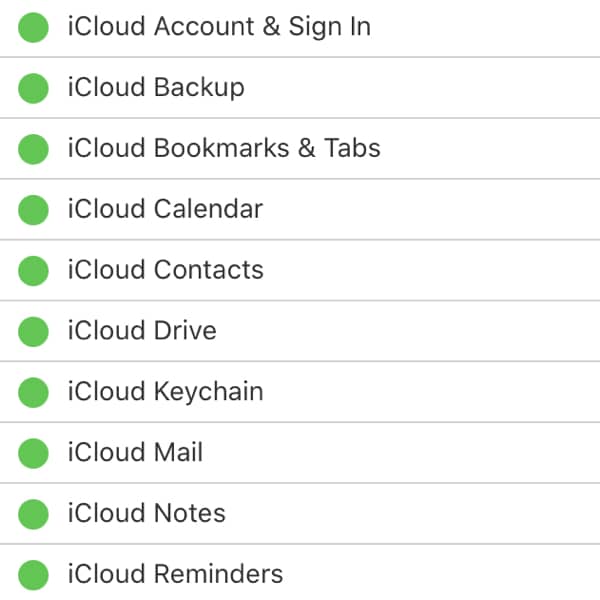 Bildschirmfoto von Apple's Systemstatus-Seite