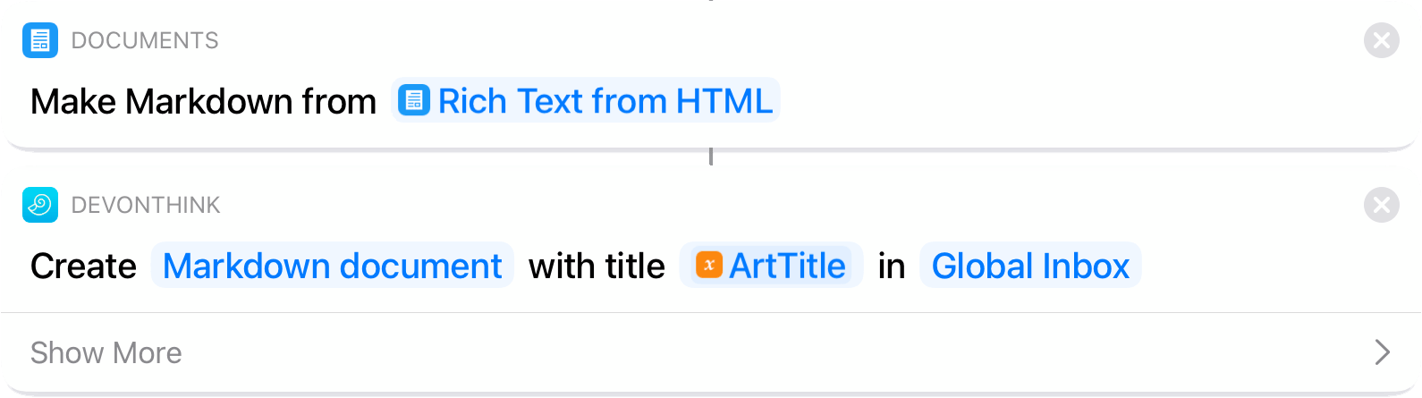 Screenshot of the Shortcuts app with a script using DEVONthink To Go actions.