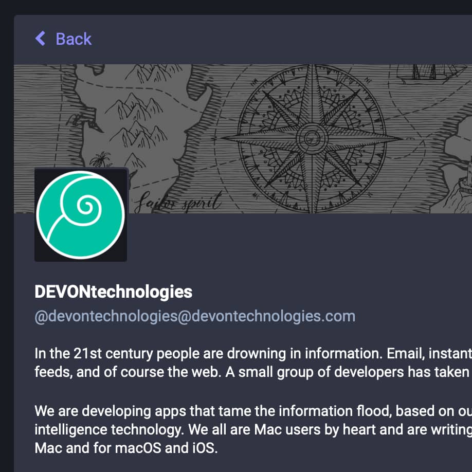 Screenshot showing DEVONtechnologies' Mastodon user profile.