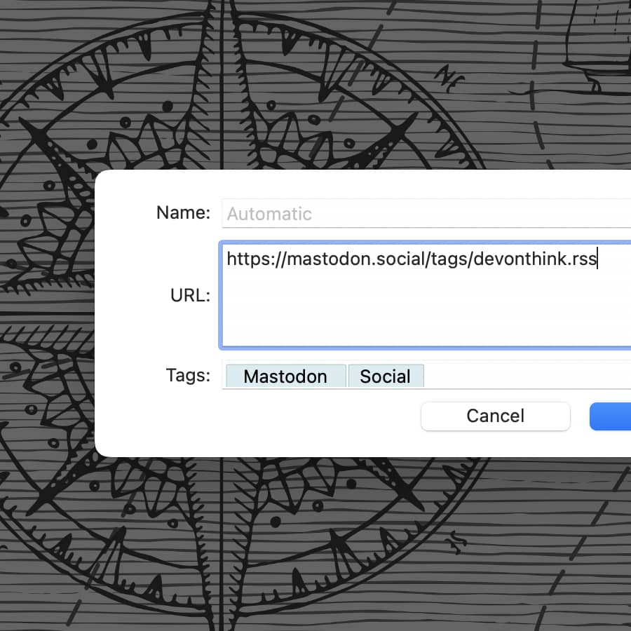 Screenshot showing a dialog for adding a Mastodon RSS feed to DEVONthink.