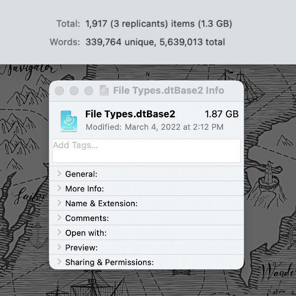 Screenshot of the database properties and corresponding file sizes in the Finder.