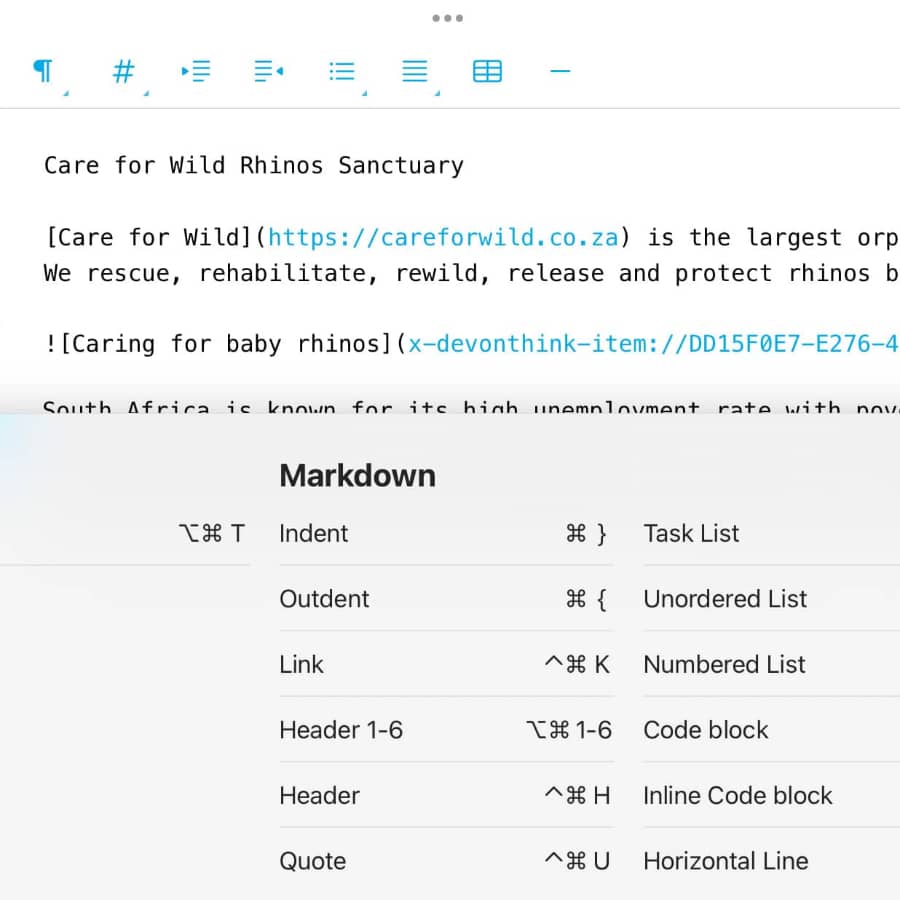 Ein Bildschirmfoto, welches zeigt, wie Markdown in DEVONthink To Go bearbeitet wird.