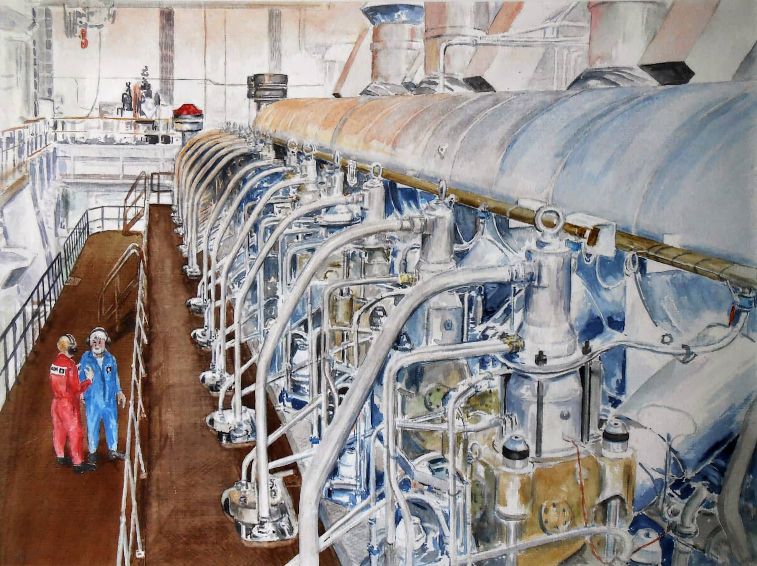 Hartmut's Aquarell-Bild, auf dem der Maschinenraum eines Containerschiffs mit einer großen Maschine daneben zwei Personen zu sehen ist.