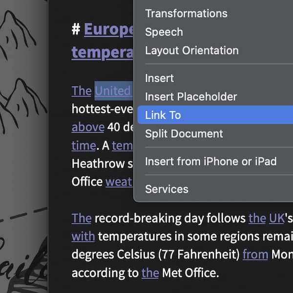 Screenshot showing the Link To menu in Markdown documents in DEVONthink.
