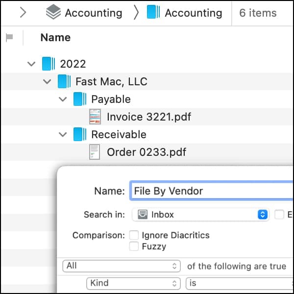 Screenshot showing the item list and the smart rule editor in DEVONthink.