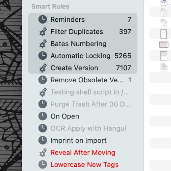 Screenshot showing a list of smart rules in DEVONthink.