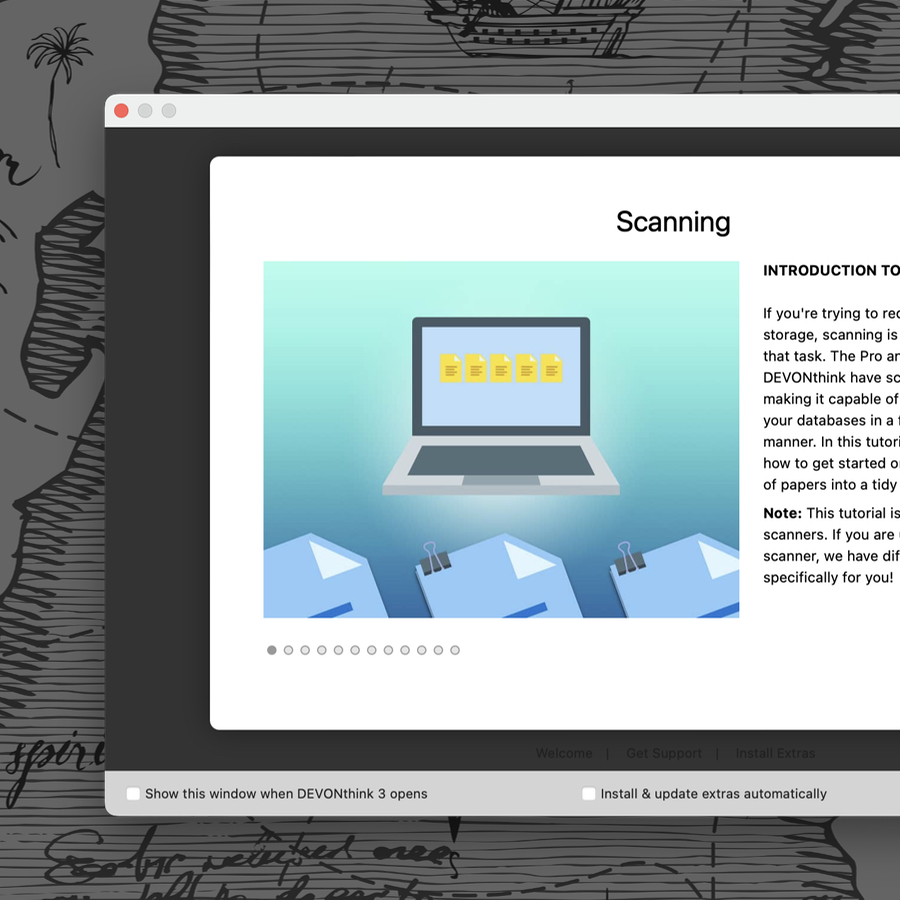 Ein Bildschirmfoto des DEVONthink-Support-Assistenten mit dem Tutorial zum Thema Scannen.