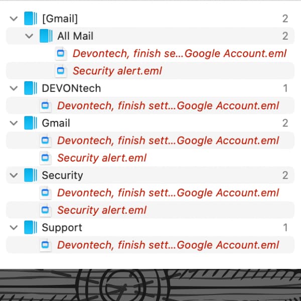 Screenshot showing replicated emails in DEVONthink.