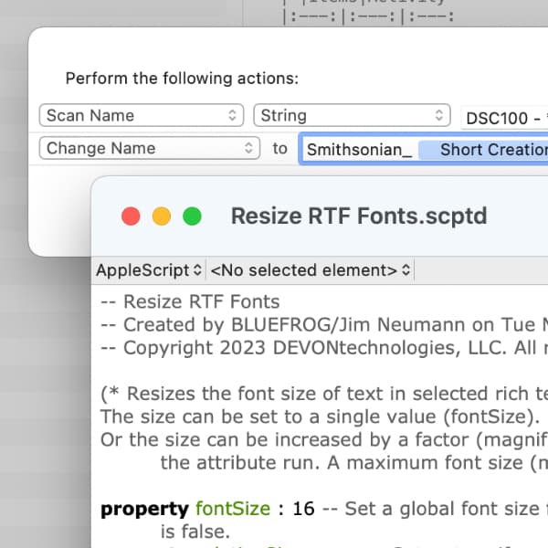 Bildschirmfoto, auf dem eine Stapelverarbeitung und Skript-Code in DEVONthink zu sehen sind.