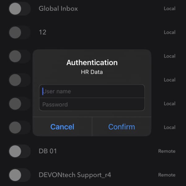 Screenshot showing an authentication dialog for a database in DEVONthink To Go.