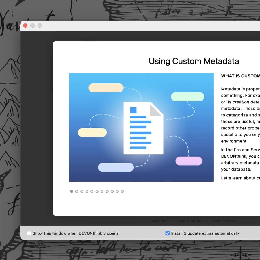 Bildschirmfoto, auf dem der Support-Assistent von DEVONthink mit der Einführung in benutzerdefinierte Metadaten zu sehen ist.