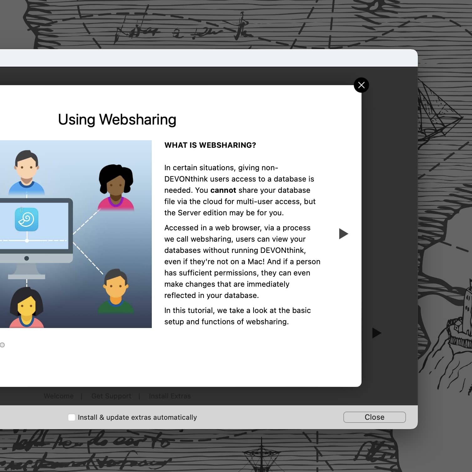 Illustration of a Mac running DEVONthink connected with lines to six people around it.