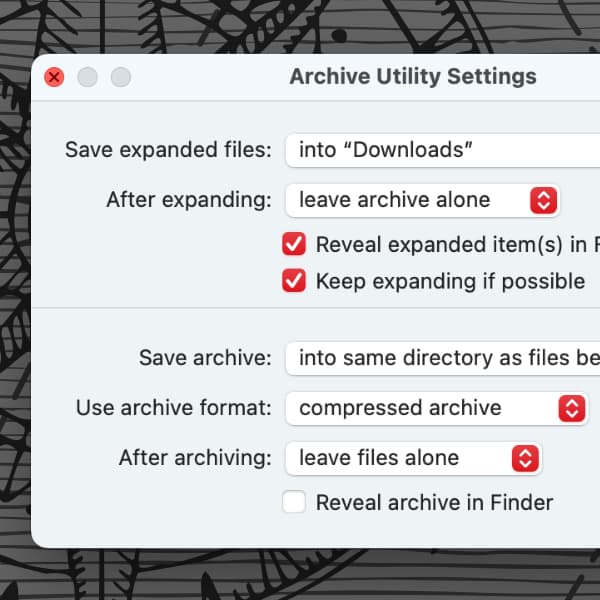 Screenshot of Archive Utility's settings, set to decompress to the downloads folder.