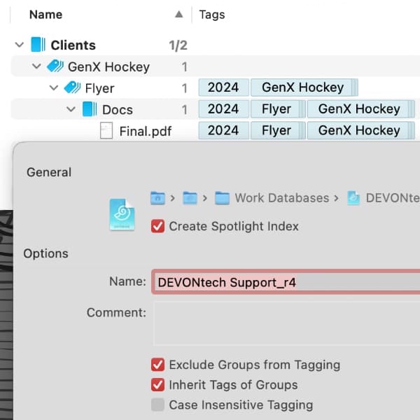 Screenshot showing the database properties and an item list with tagged items in DEVONthink. In the properties, the two tagging options discussed in the post are activated.