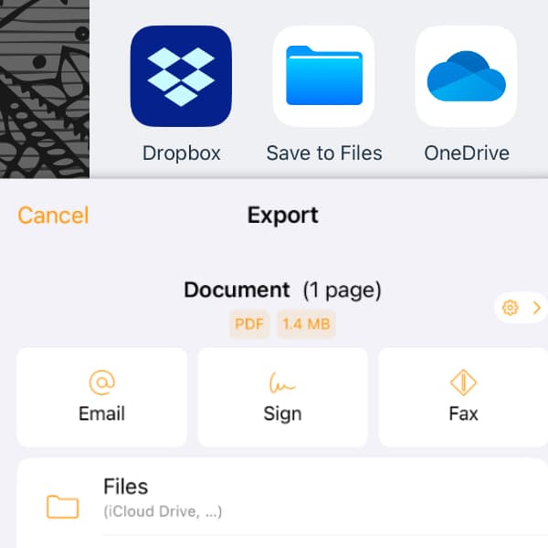 Screenshot showing the export settings in the Genius Scan iOS application, including the Save to Files app option.