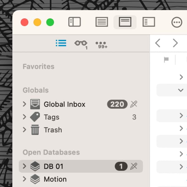 Screenshot of a DEVONthink window showing a read-only database, indicated by the symbol of a small crossed-out pencil.