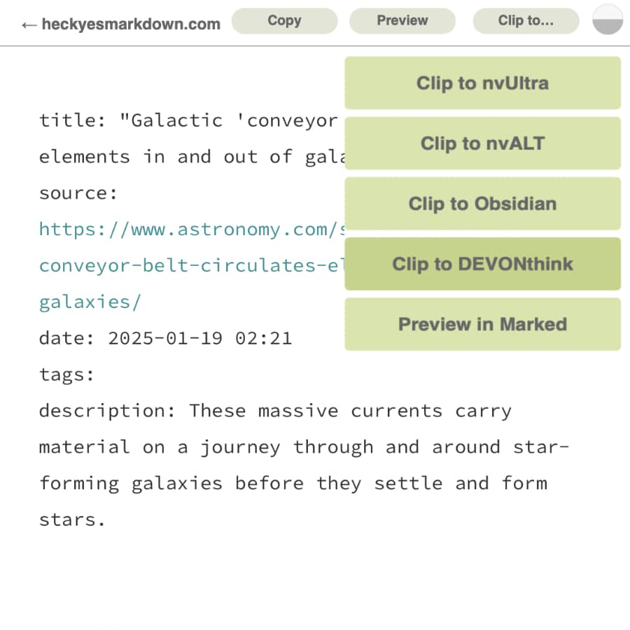 Screenshot showing the webtool Marky the Markdownifier. It shows the Markdown text and the different export options, including Clip to DEVONhink.