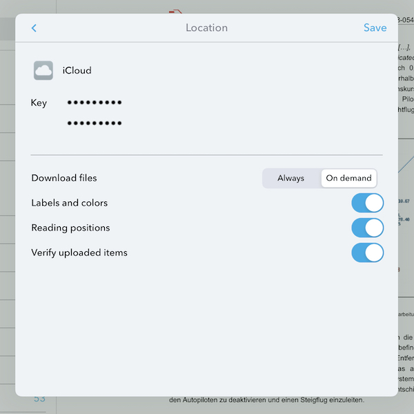 Sync location showing encryption key