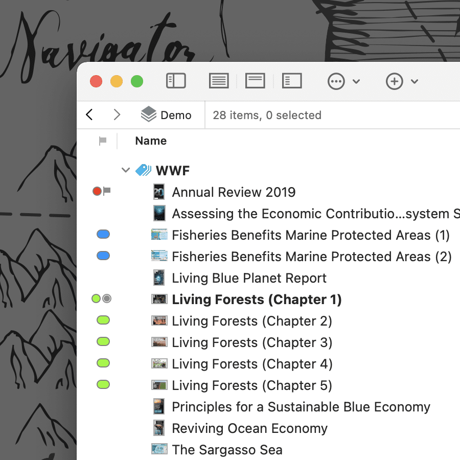 Screenshot showing the new way of displaying labels in the flags column in DEVONthink.